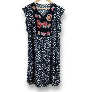 Kirundo Size L Floral Embroidered Ruffle Sleeve Knee Length Dress Navy White Dot